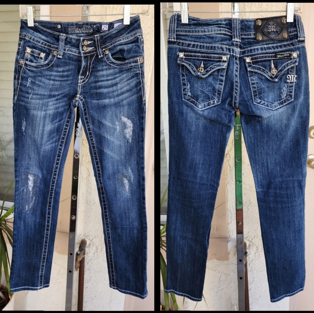 25 women MISS ME skinny blue jean rhinestones flap pockets 25x27